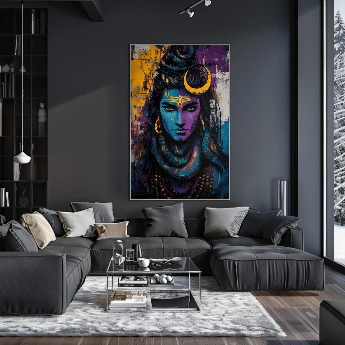 Lord Shiva Modern Portrait with Crescent Moon Blue Art Poster - Image 2
