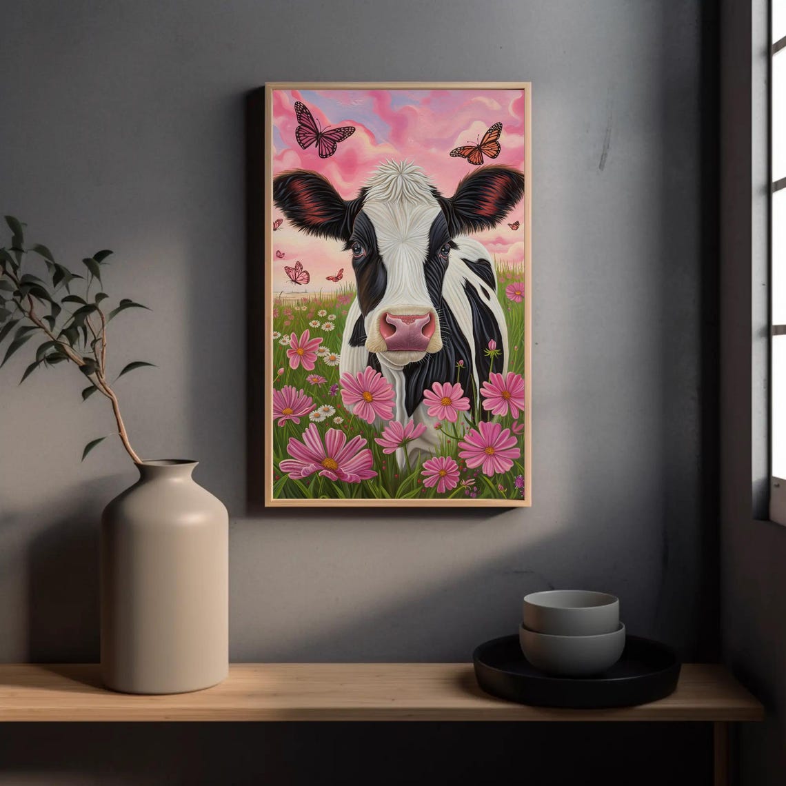 Whimsical Dairy Cow Among Pink Flowers And Butterflies Poster - Image 3