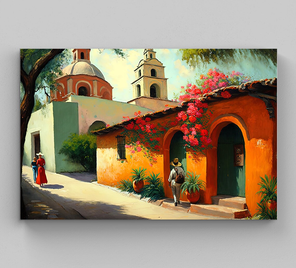 Mexican Village Landscape Art Print, Vibrant Decor