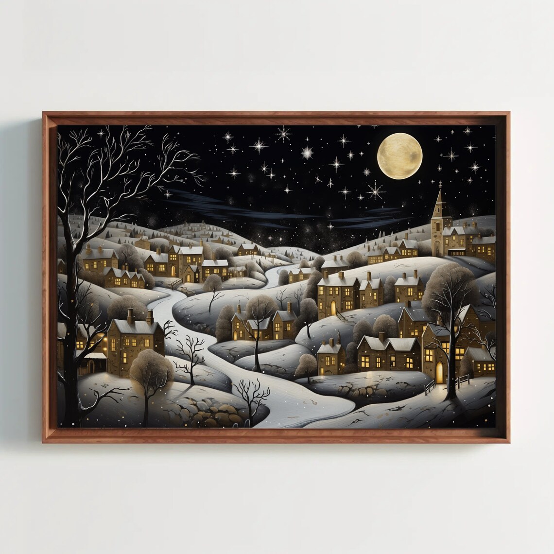 Moonlit Christmas Snow Village Night Scene Holiday Art Poster