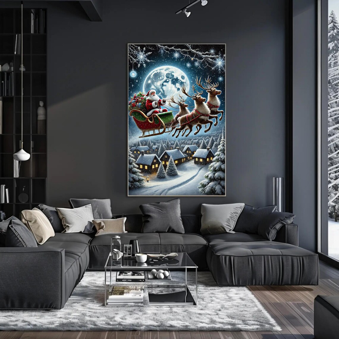 Santa Claus Sleigh Ride Over A Moonlit Snowy Village Night Poster - Image 3