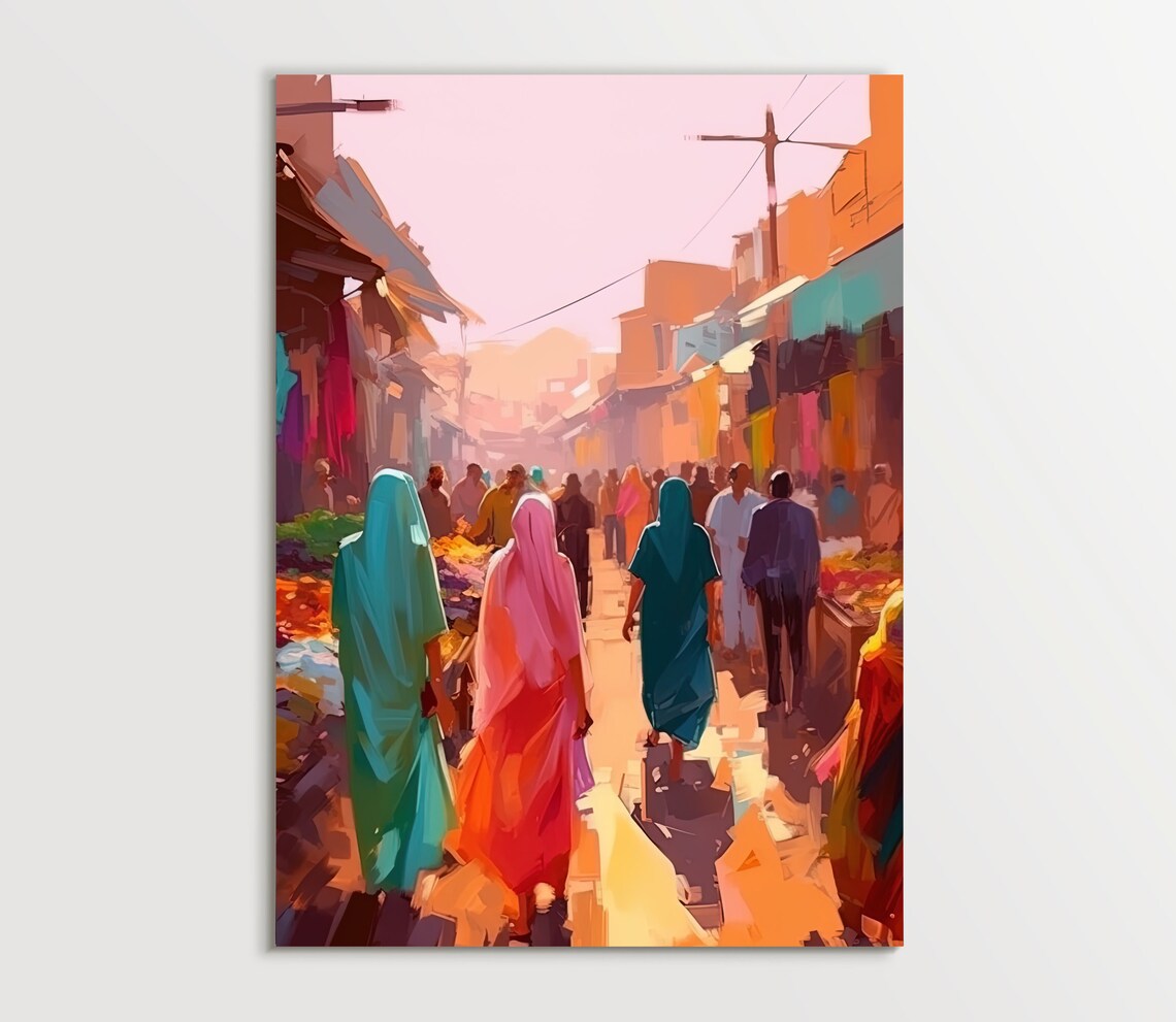 Busy Indian Street Market With Women in Colorful Saris Poster - Image 5