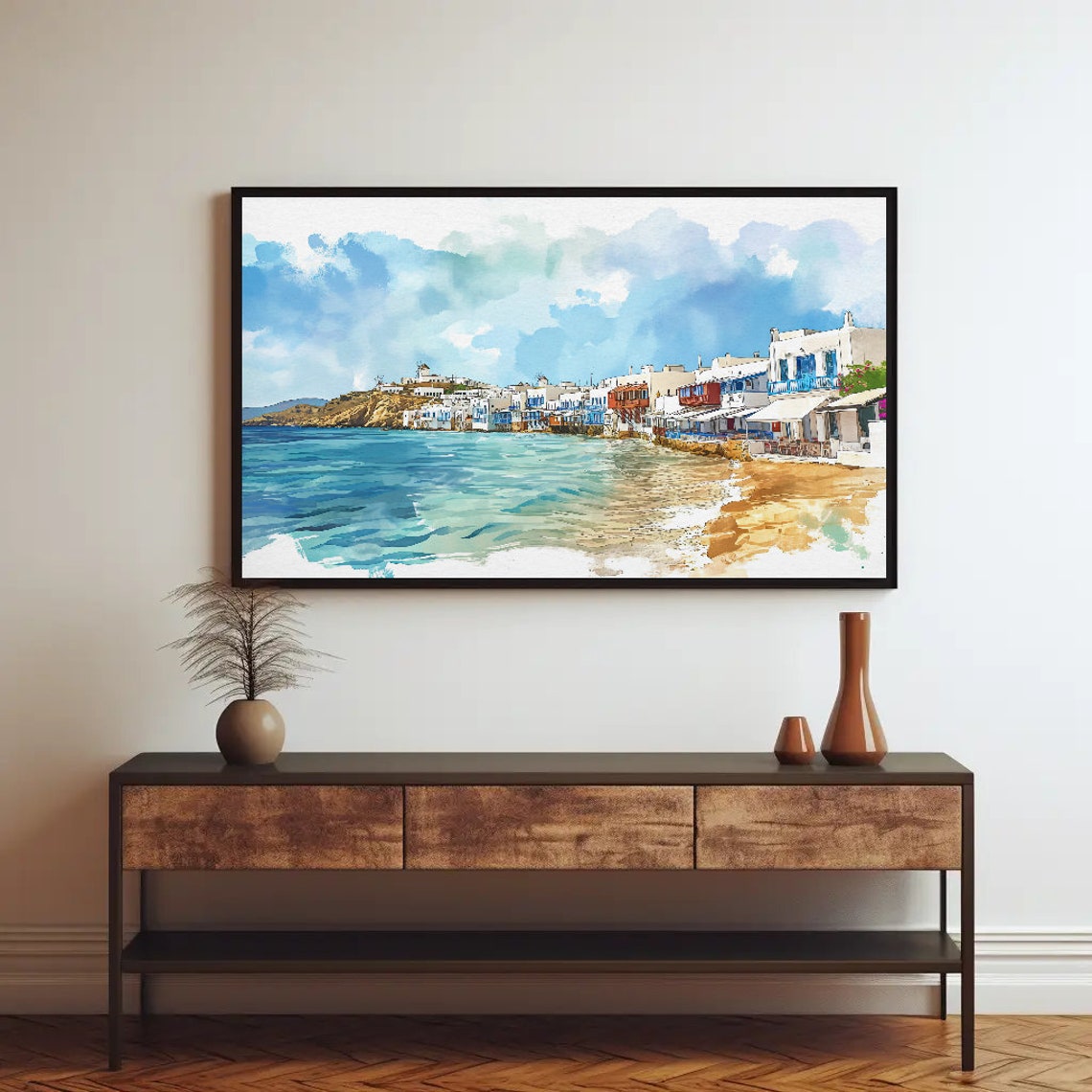 Mykonos Waterfront Whitewashed Houses Blue Watercolor Poster - Image 2