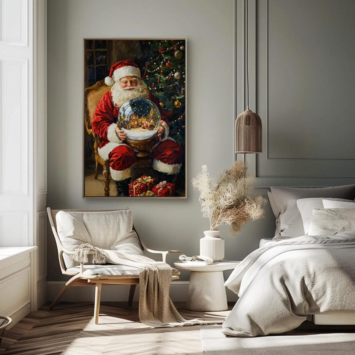 Santa Claus With A Snow Globe Village Cozy Christmas Art Poster - Image 2