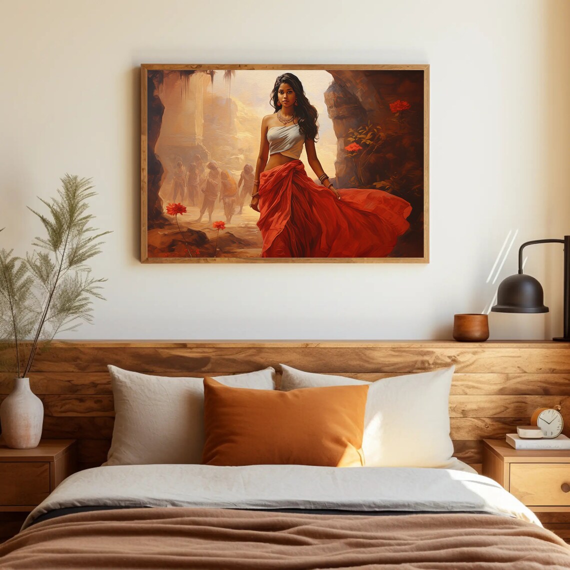 Indian Woman in Flowing Red Sari Walking Ancient Rocky Valley Poster - Image 4