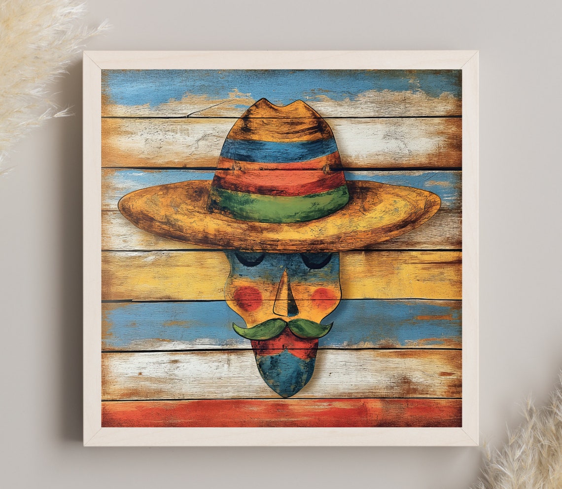 Mexican Folk Art Man with Striped Sombrero on Wood Wall Poster - Image 3