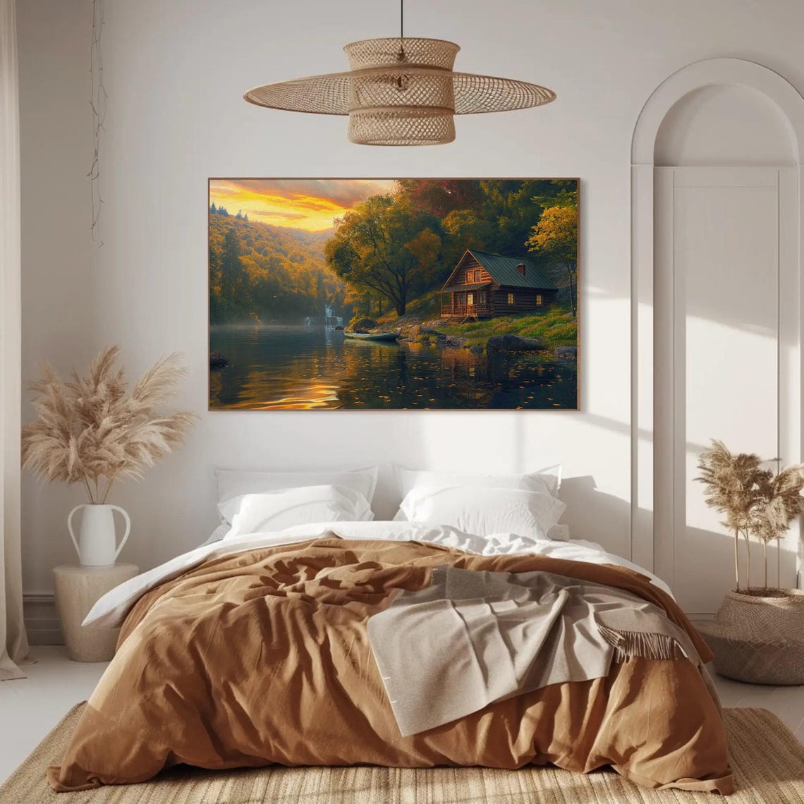 Serene Log Cabin By The Lake At Sunset Autumn Landscape Art Poster - Image 2