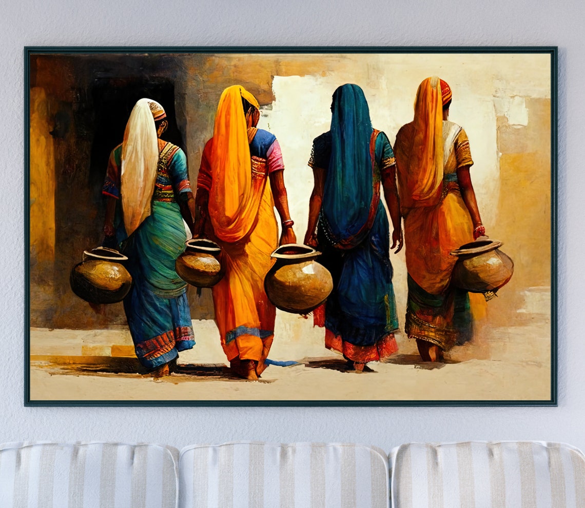 Indian Women Carrying Water Pots Colorful Saris Folk Art Poster - Image 2