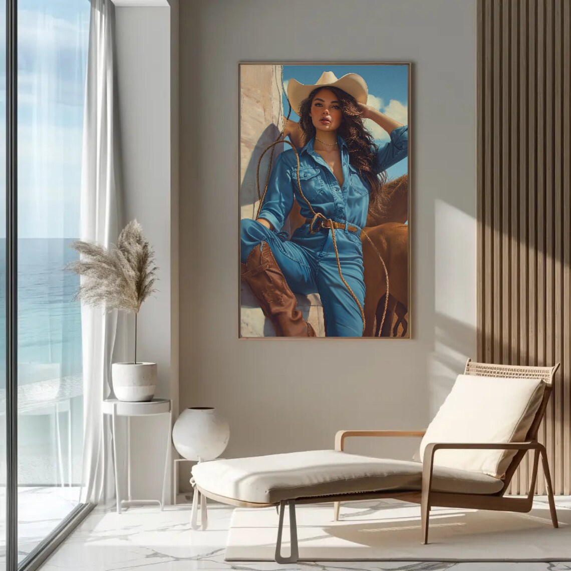 Beautiful Cowgirl In Denim With Horse Western Ranch Art Poster - Image 2
