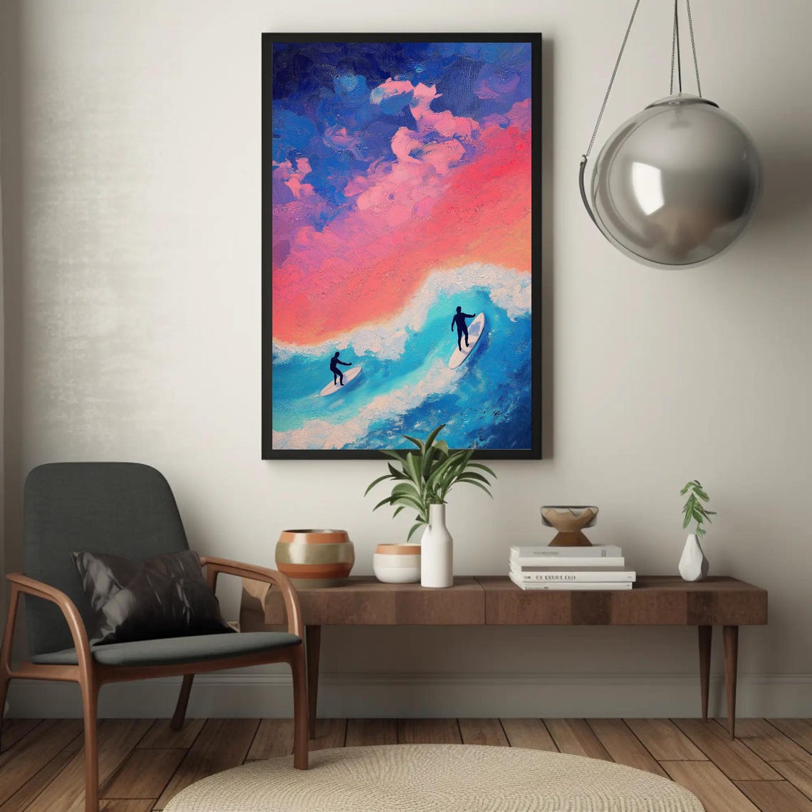 Two Surfers Riding Sunset Wave From Above Aerial Ocean Poster - Image 4