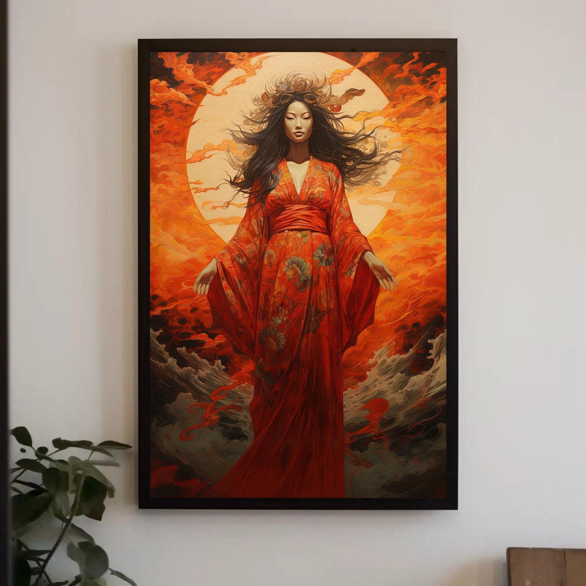 Amaterasu Japanese Sun Goddess Red Kimono Fantasy Art Poster