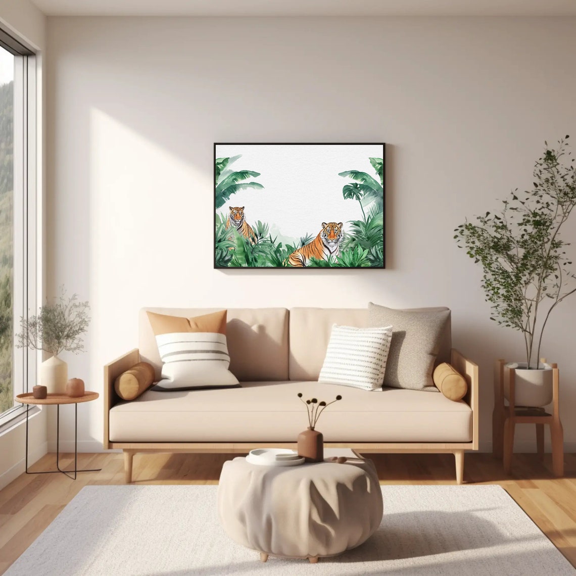 Two Tigers Resting in Green Jungle Foliage Watercolor Poster - Image 2