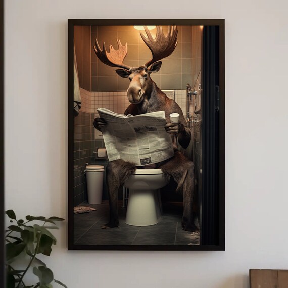 Funny Moose Reading Newspaper Sitting on Toilet Bathroom Humor Poster