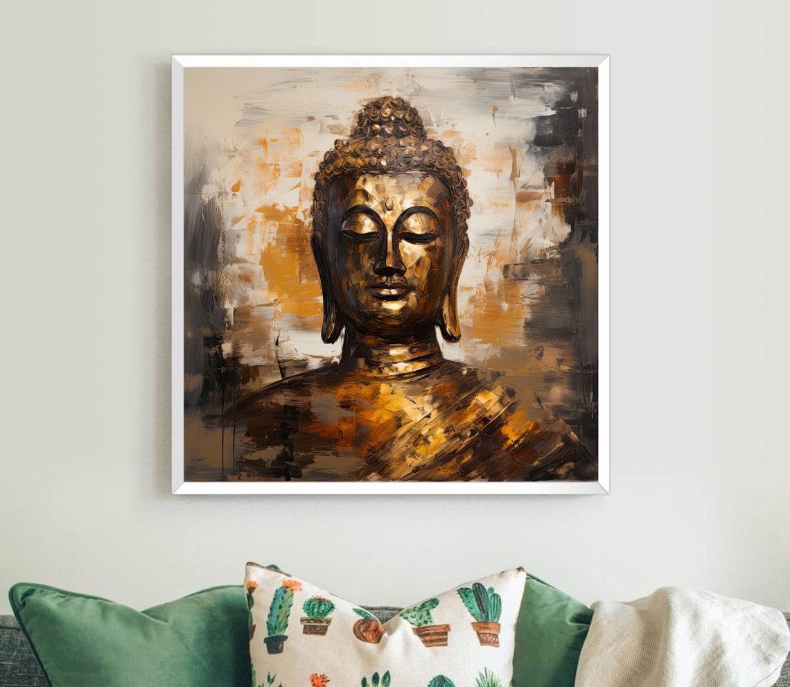 Bronze Buddha Face Close Up in Golden Calm Oil Painting Poster - Image 5