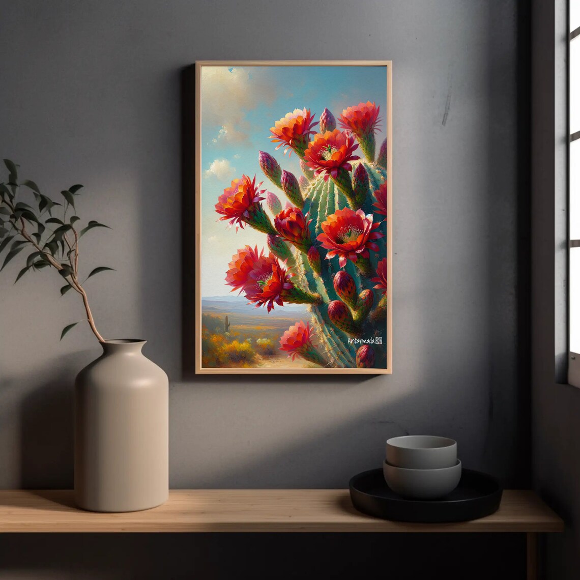 Blooming Red Cactus Flowers, Southwest Desert Art Print - Image 2