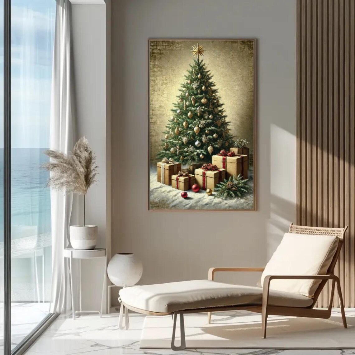 Classic Christmas Tree With Gifts And Gold Ornaments Night Poster - Image 4