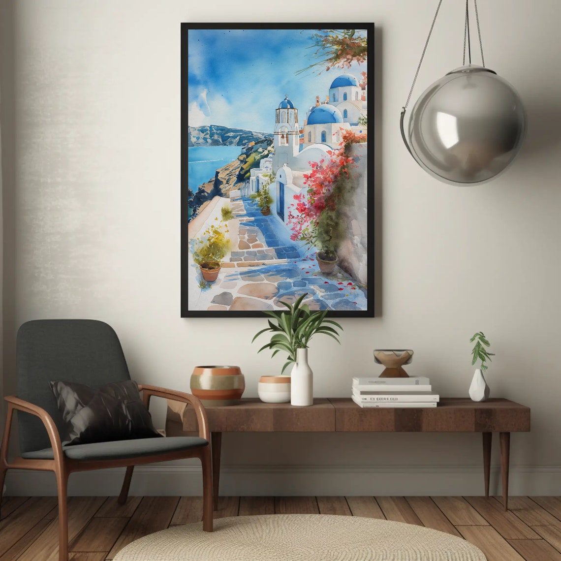 Santorini Greece Blue Domes On Cliff Path Watercolor Travel Poster - Image 5