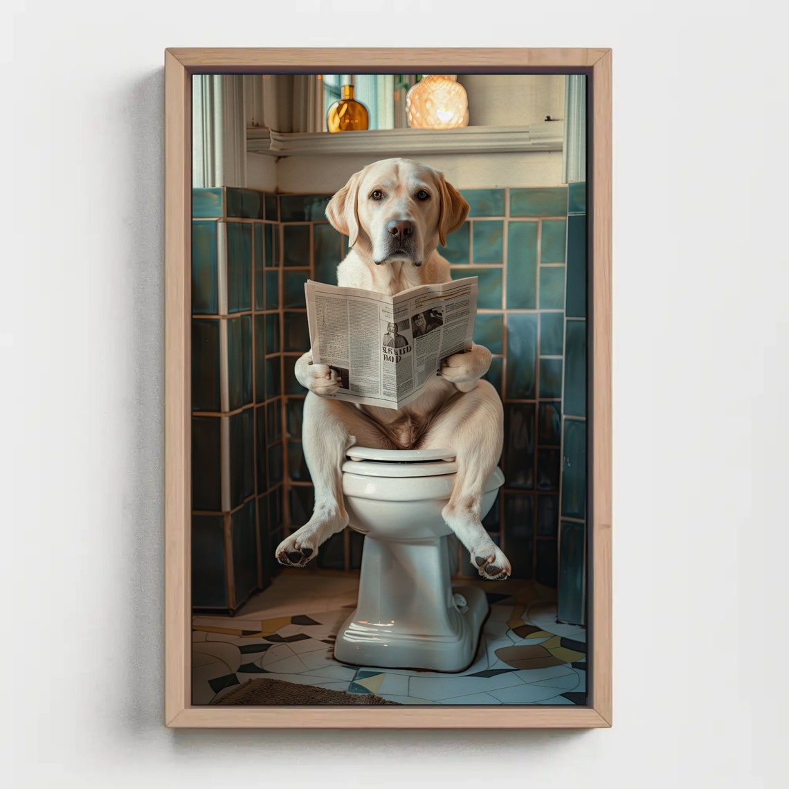 Labrador Retriever Reading Newspaper on Toilet Funny Bathroom Poster