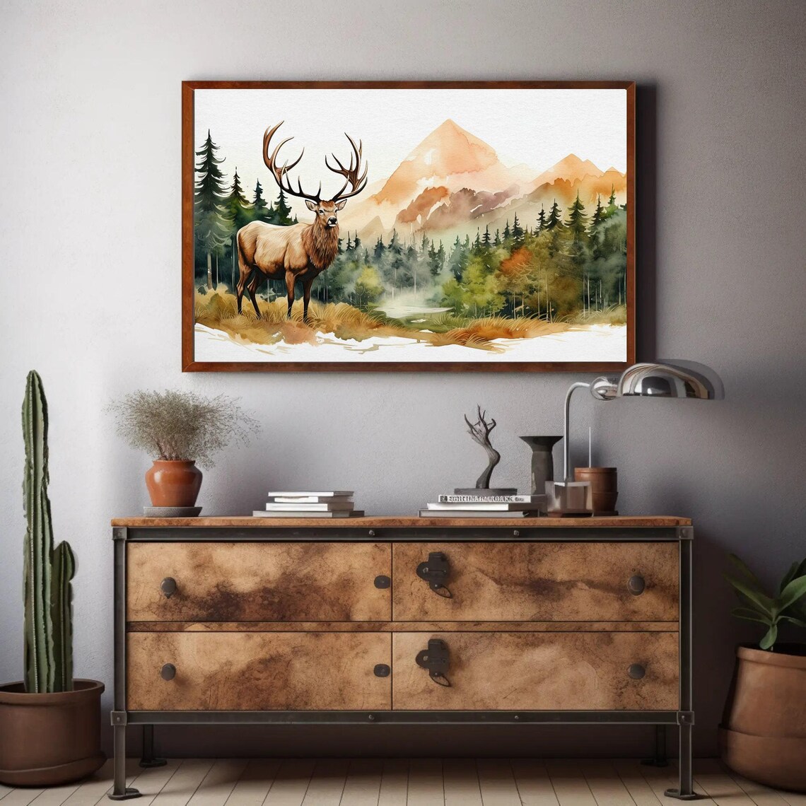 Elk in Mountain Forest Watercolor Wildlife Nature Decor Print - Image 2