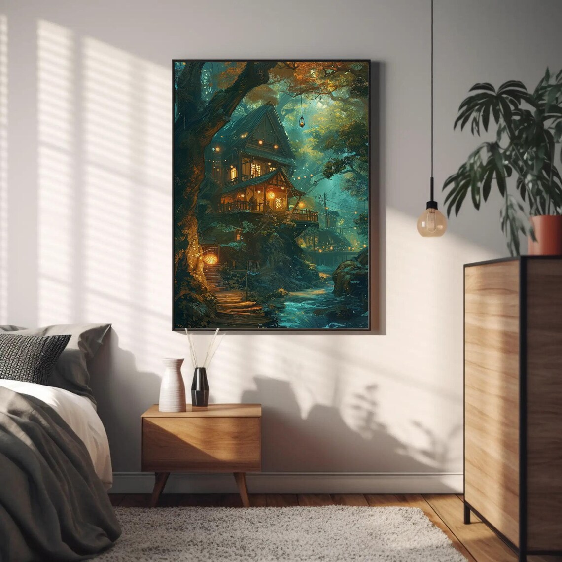 Magical Lantern-Lit Forest House at Night Fantasy Painting Poster - Image 4