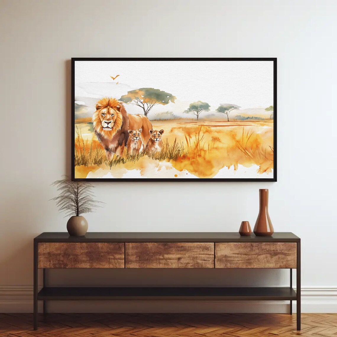 Lion and Cubs in Golden African Savannah Sunset Watercolor Poster - Image 4