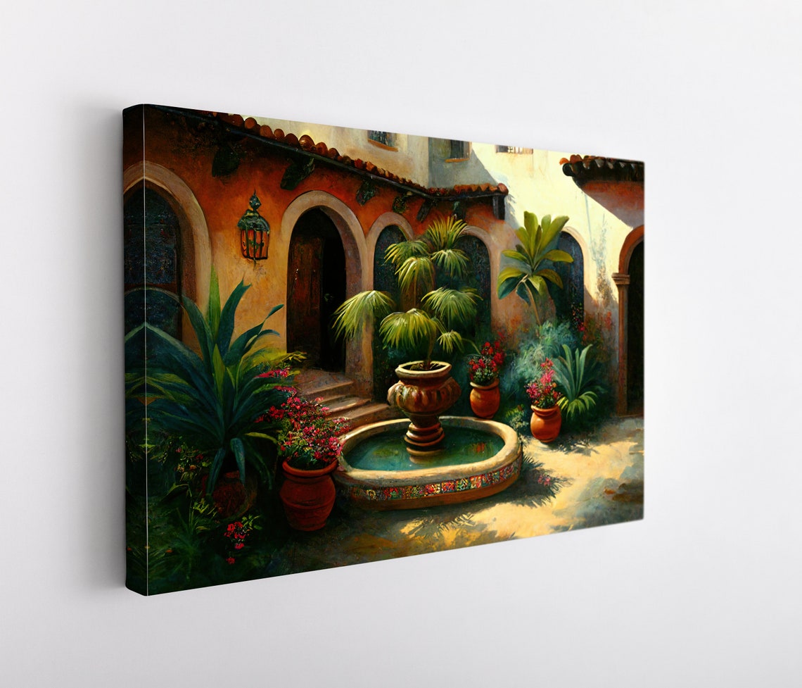 Mexican Colonial Courtyard Fountain Palm Garden Sunlit Art Poster - Image 5