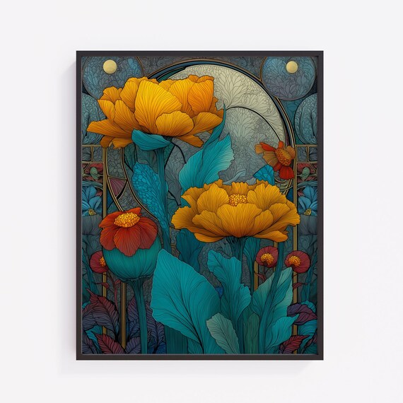 Abstract Floral Art Print Bold Colors Vintage Botanical Decor V170