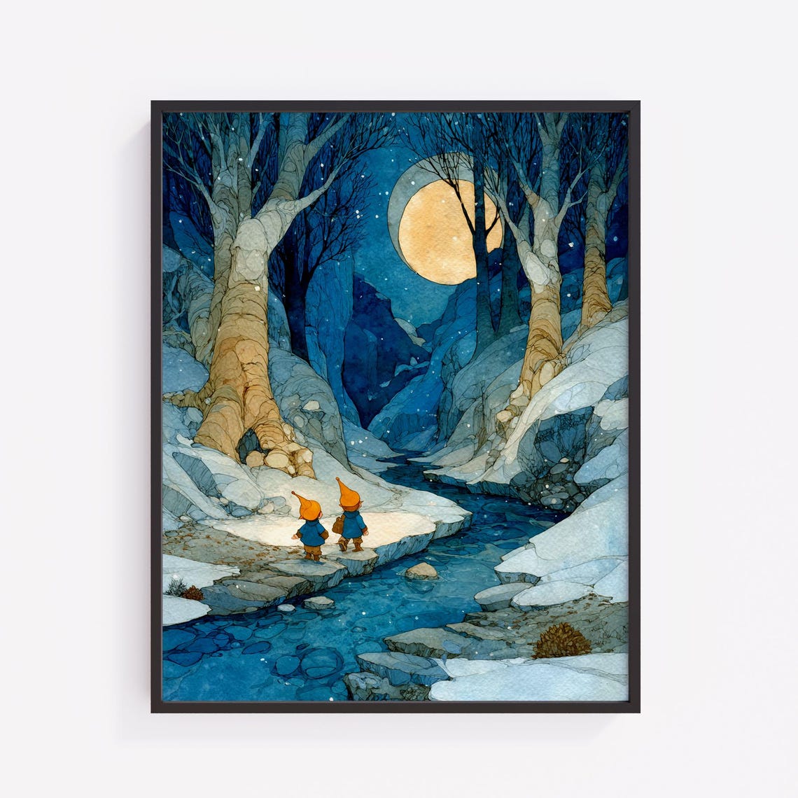Chibi Fairies Winter Forest Print Whimsical Moonlit Scene V231