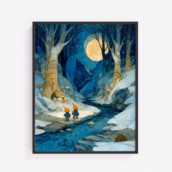 Chibi Fairies Winter Forest Print Whimsical Moonlit Scene V231