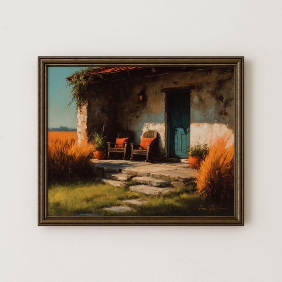 Farmhouse Porch Print Autumn Rocking Chairs Vintage Country Scene 141