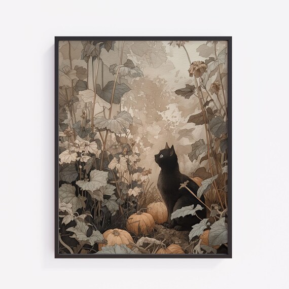 Black Cat Autumn Print Moody Forest Pumpkins