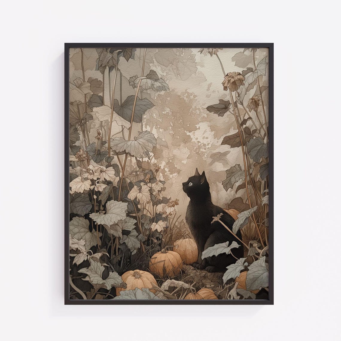 Black Cat Autumn Print Moody Forest Pumpkins