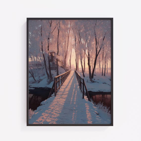 Winter Sunrise Bridge Print Rustic Snowy Landscape 262