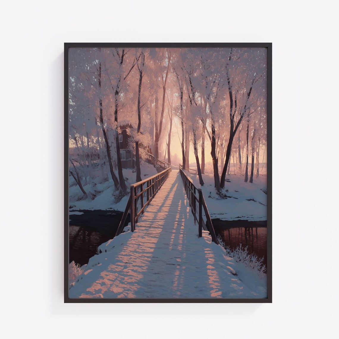 Snowy Wooden Bridge at Winter Sunrise Pastel Landscape Poster