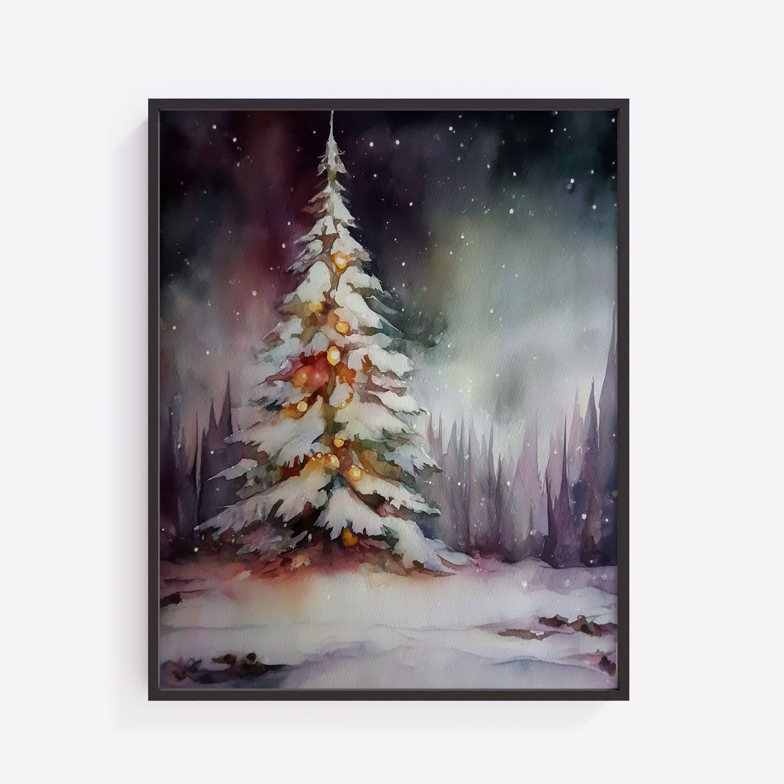 Snowy Christmas Tree Night Watercolor Glowing Holiday Decor Poster