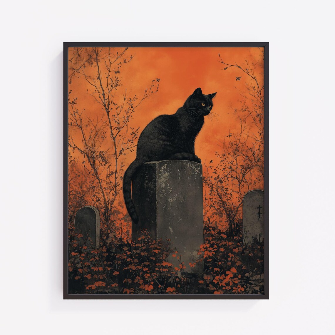 Gothic Halloween Cat Print Moody Cemetery Gravestone