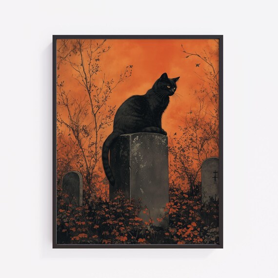 Gothic Halloween Cat Print Moody Cemetery Gravestone