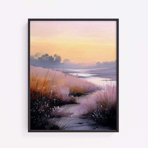 Watercolor Meadow Sunrise Print Pastel Landscape Art V252