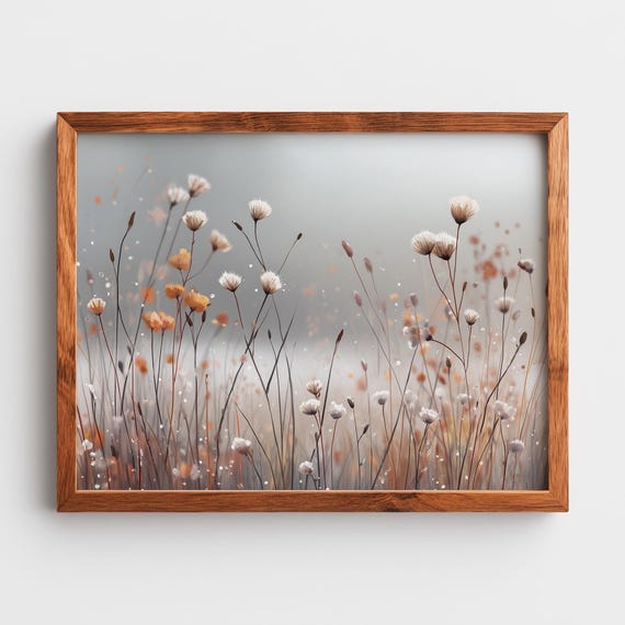Rustic Foggy Meadow At Sunrise Dewkissed Seed Heads Fine Art Photography Neutral Autumn Tones With Soft Focus Wall 412
