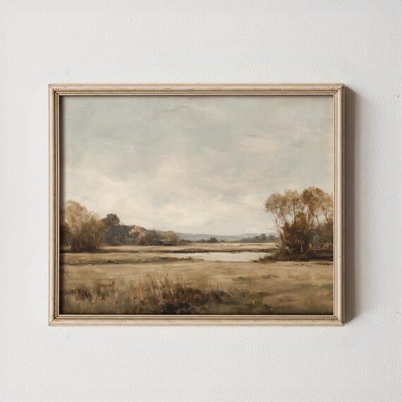 Vintage Countryside Landscape Rustic Farmhouse Wall Art Moody Open Meadow With River Autumn Grasses Painting 429
