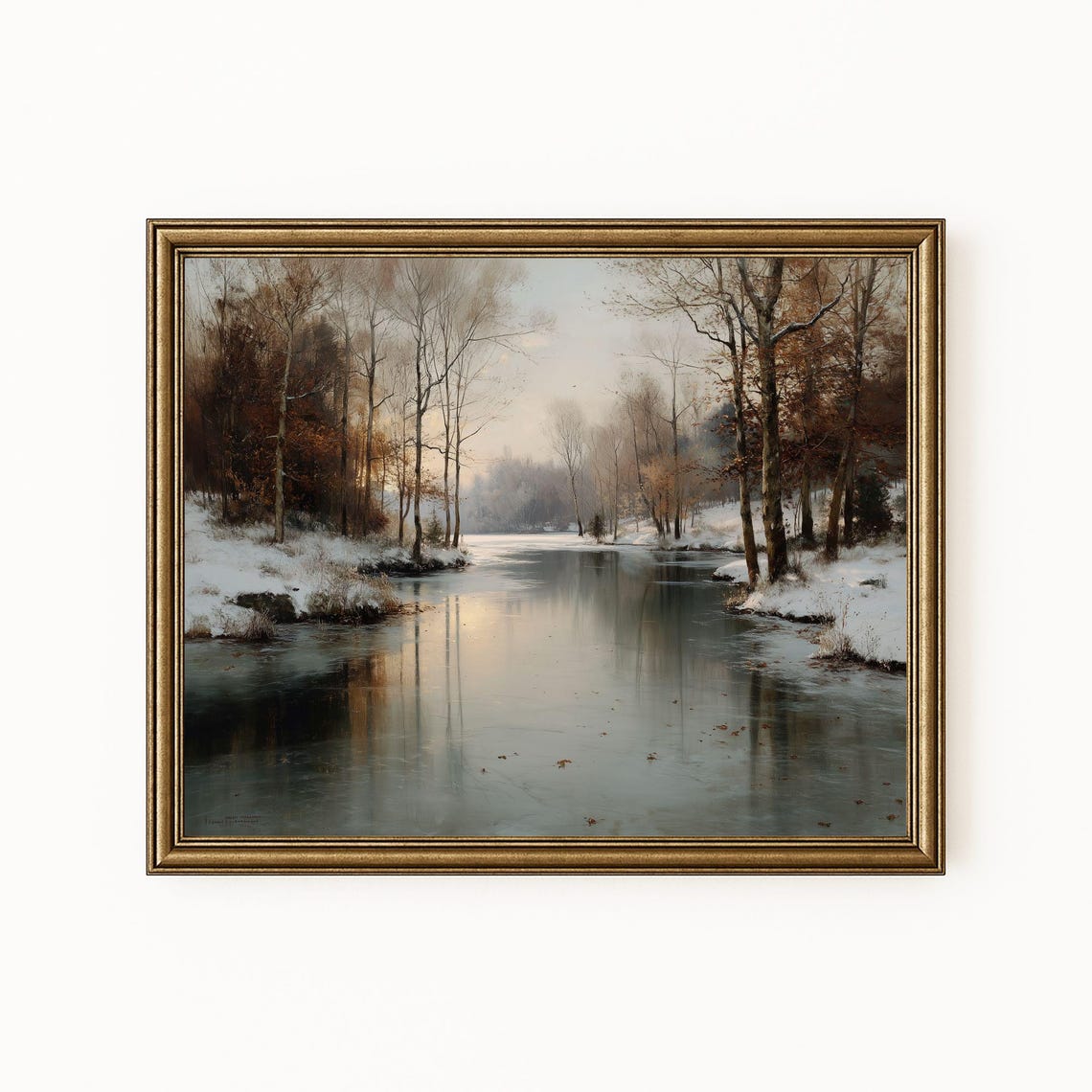 Frozen Winter River Snowy Trees Tranquil Vintage Landscape Poster