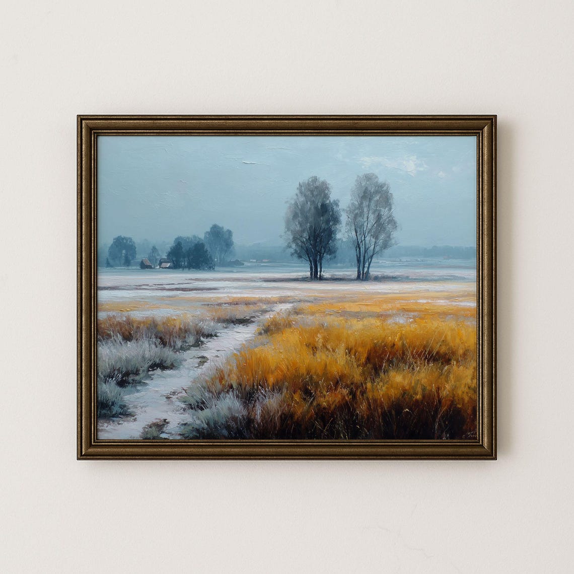 Frosted Marsh Golden Grasses Misty Field Nature Painting Poster