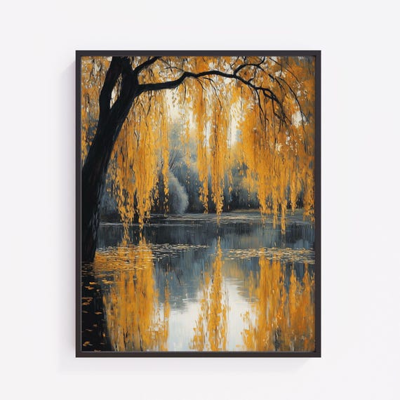 Autumn Willow Pond Art Print Tranquil Landscape