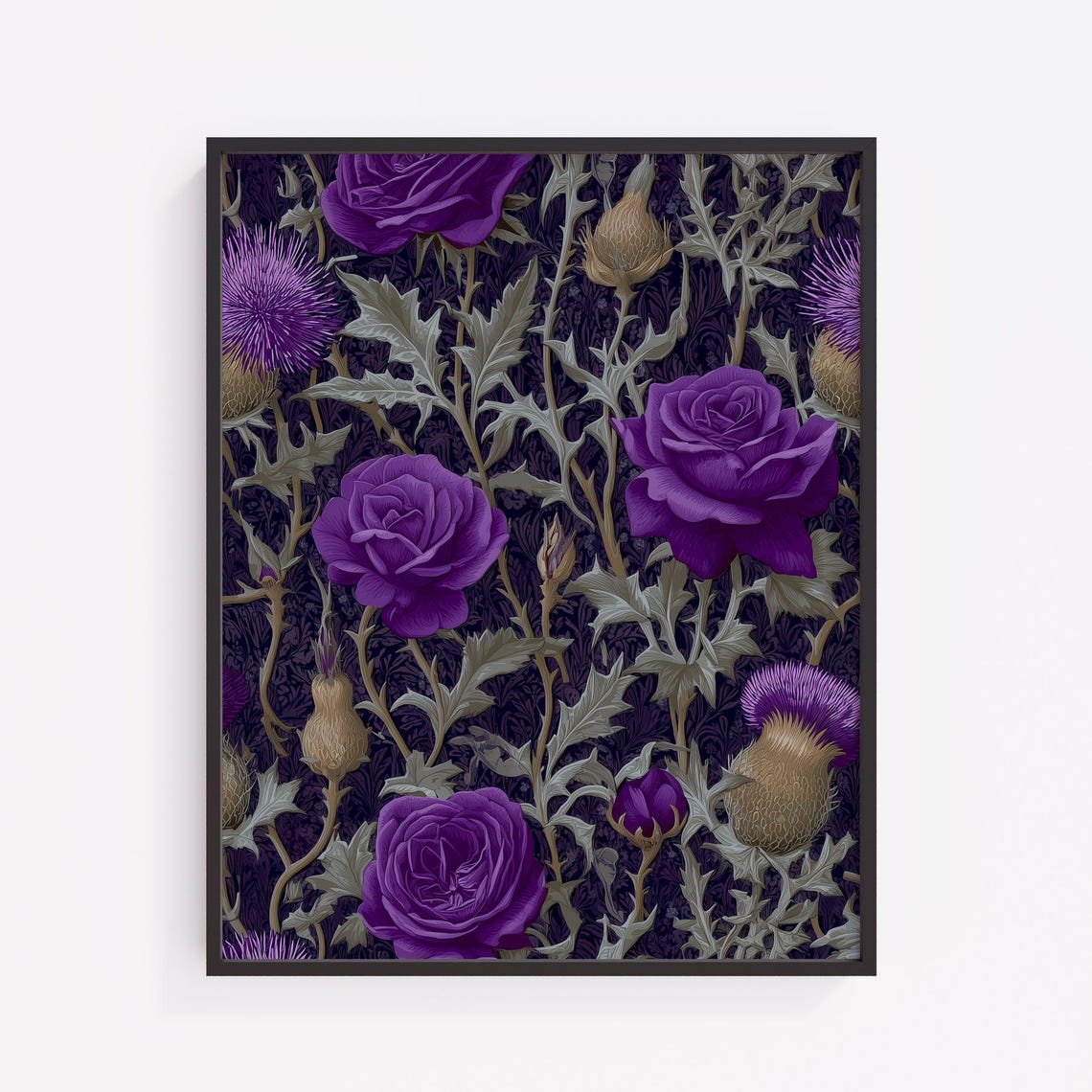 Purple Roses Thistles Dark Botanical Floral Pattern Art Poster