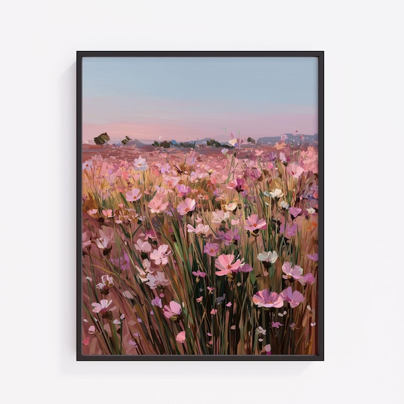 Pink Cosmos Wildflower Field At Sunset Soft Impressionist Art Poster