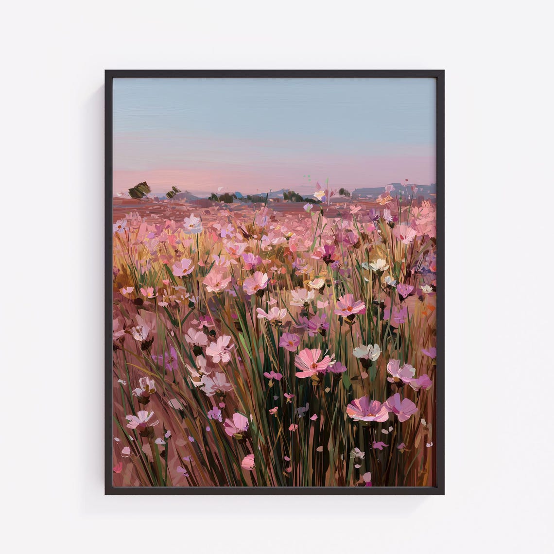 Pink Cosmos Wildflower Field At Sunset Soft Impressionist Art Poster