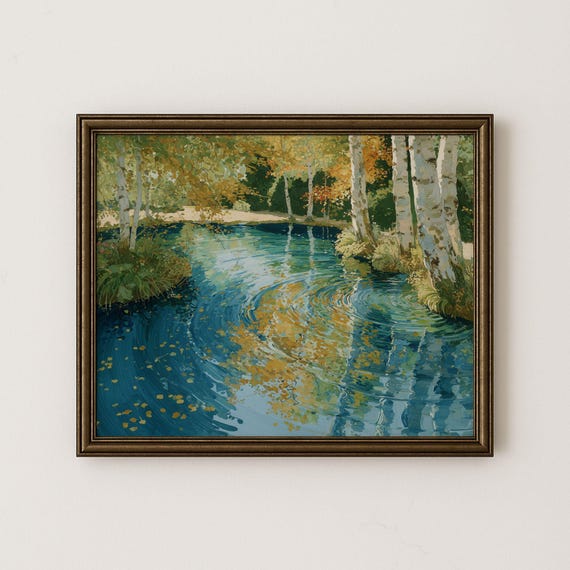 Birch Tree Pond Art Print Vintage Autumn Landscape