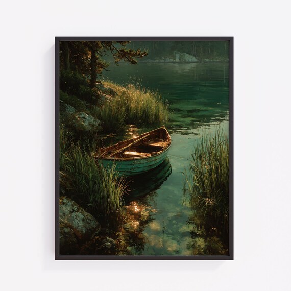 Moody Rustic Rowboat Painting Vintage Lake Scene With Mist Subdued Earthy Tones Wall Art Instant 407