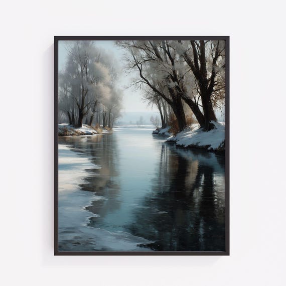 Winter Willow Tree Print Frozen River Landscape Art