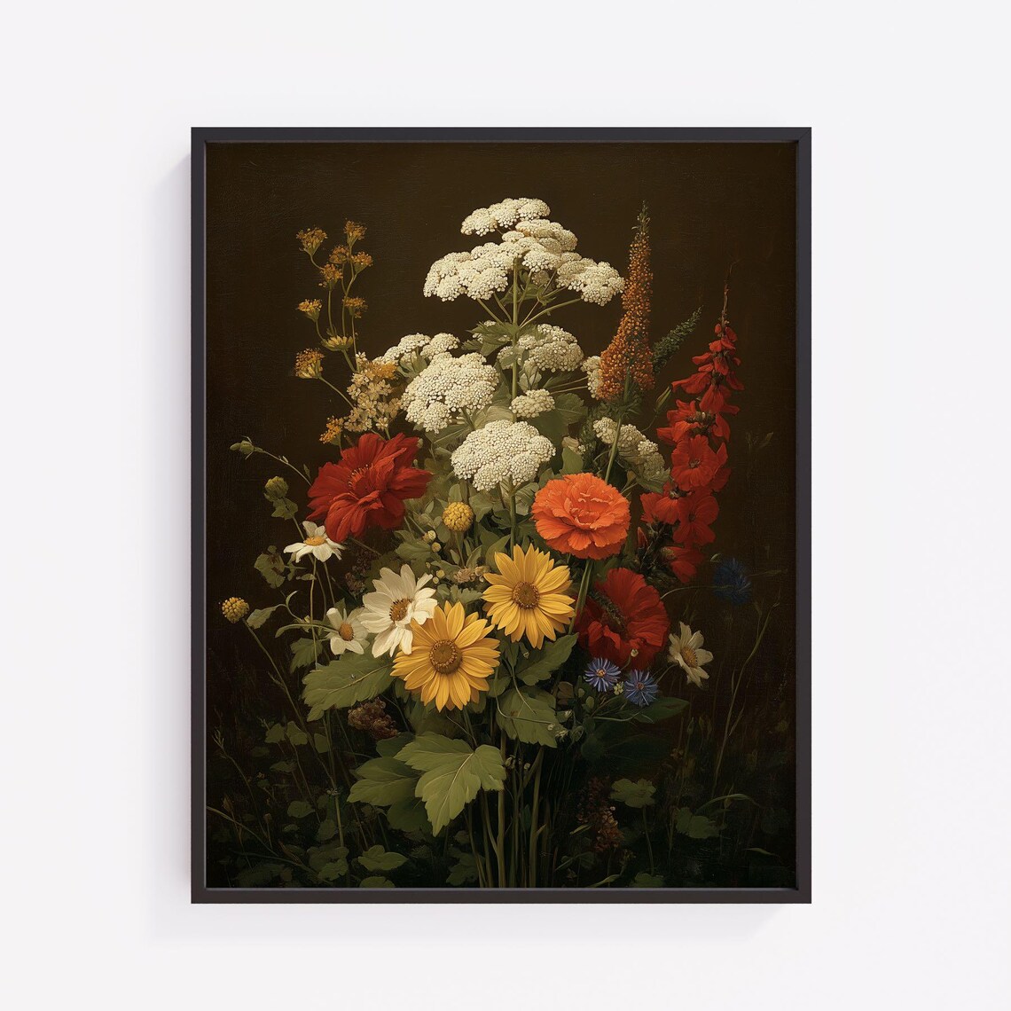 Moody Wildflower Bouquet Dark Background Vintage Botanical Art Poster